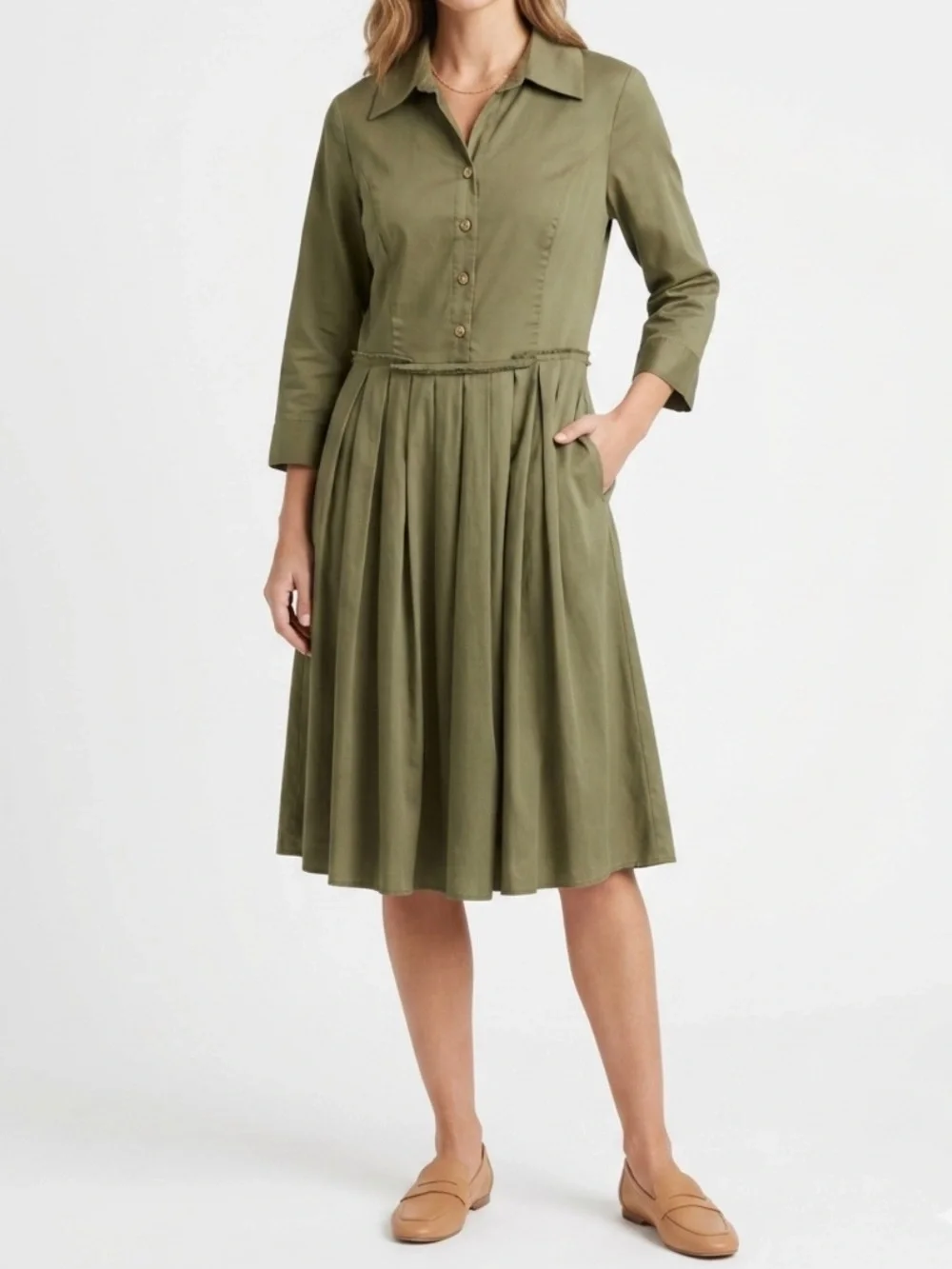 Ellen Tracy 100% Cotton Green Olive  Dress with Pleated Midi Skirt Gold Button